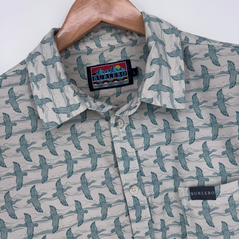 Burlebo Performance Button Down Shirt Mens L Tan Blue AOP Duck Print Hunting